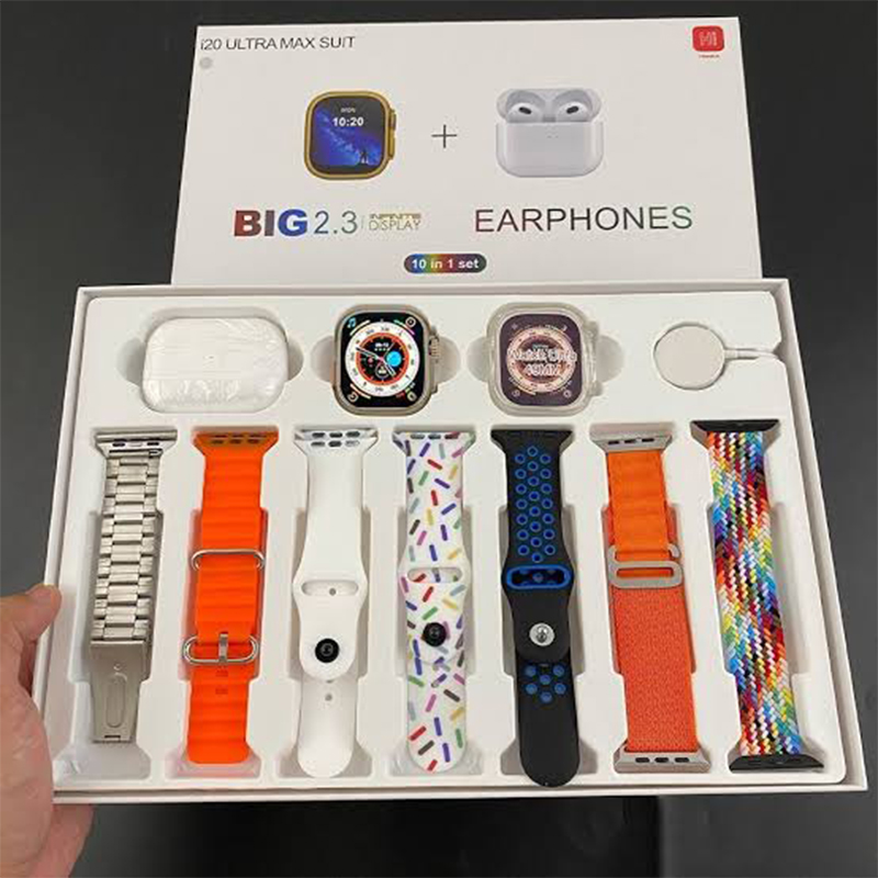 Picture of i20 Ultra Max Suit – 10-in-1 Smartwatch Combo Set with 2.3" Big Display + Wireless Bluetooth Earbuds – Fitness Tracker, Colorful Straps, Heart Rate Monitor & More – Full Set for Men & Women - Multicolor