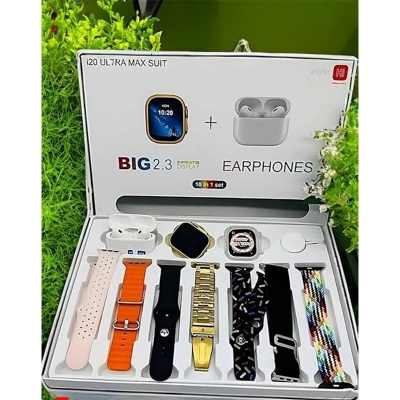 Picture of i20 Ultra Max Suit – 10-in-1 Smartwatch Combo Set with 2.3" Big Display + Wireless Bluetooth Earbuds – Fitness Tracker, Colorful Straps, Heart Rate Monitor & More – Full Set for Men & Women - Multicolor
