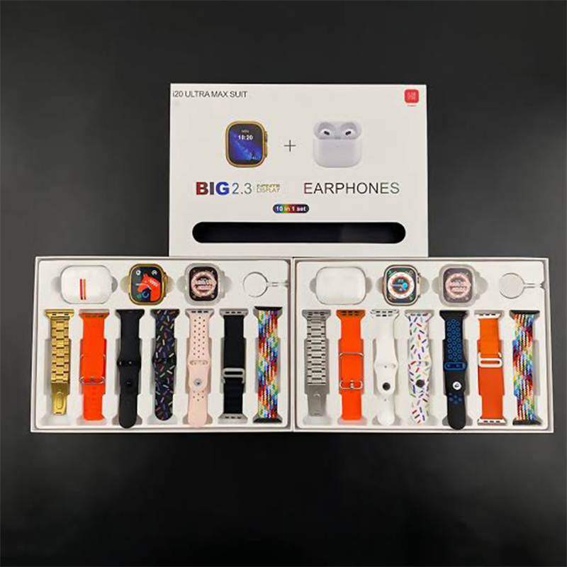 Picture of i20 Ultra Max Suit – 10-in-1 Smartwatch Combo Set with 2.3" Big Display + Wireless Bluetooth Earbuds – Fitness Tracker, Colorful Straps, Heart Rate Monitor & More – Full Set for Men & Women - Multicolor