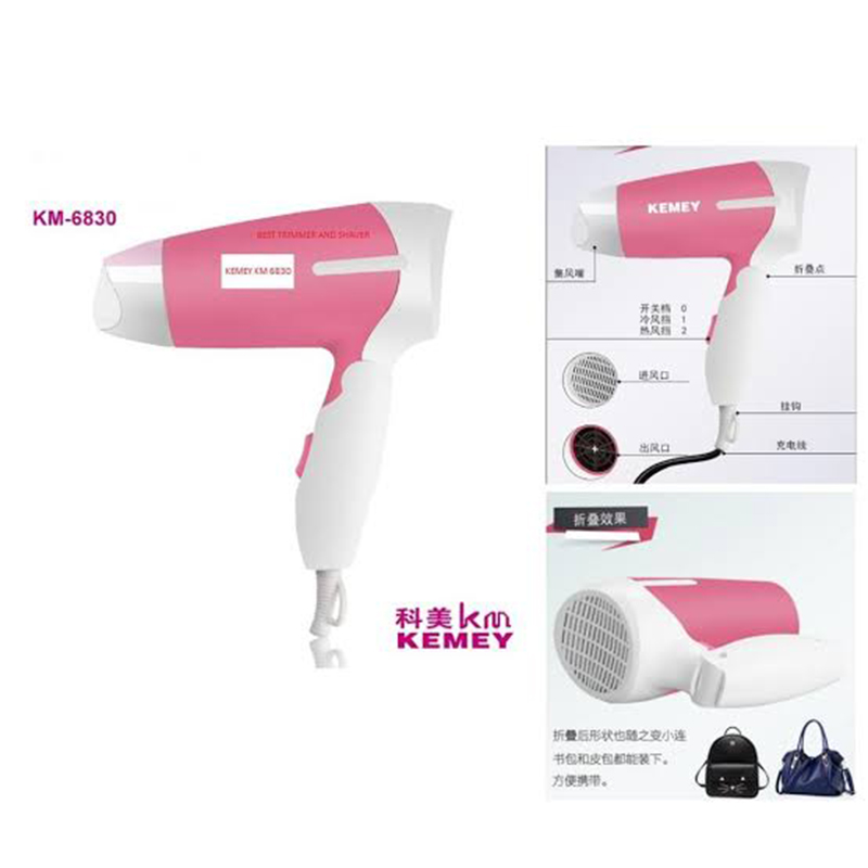 Picture of KEMEY KM-6830 800W Compact Foldable Hair Dryer for Women – Negative Ion Technology, Mini Travel-Friendly Design - Multicolor