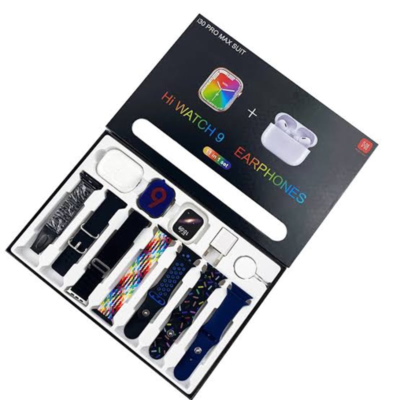 Picture of i30 Pro Max Suit | Hi Watch 10 Smartwatch + Wireless Earphones Combo | 10 in 1 Smart Pack | AMOLED Display | Bluetooth Calling | TWS Earbuds - Multicolor