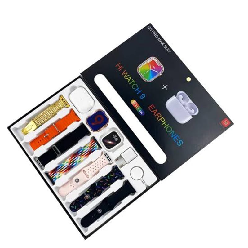 Picture of i30 Pro Max Suit | Hi Watch 10 Smartwatch + Wireless Earphones Combo | 10 in 1 Smart Pack | AMOLED Display | Bluetooth Calling | TWS Earbuds - Multicolor