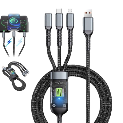 Picture of 3 in 1 Fast Charging Data Cable - 100W Power - Type-C, Micro USB, and Lightning Support - Braided Durable Design - Universal Compatibility - Multicolor