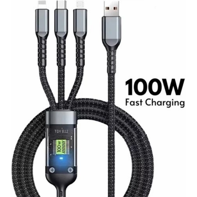Picture of 3 in 1 Fast Charging Data Cable - 100W Power - Type-C, Micro USB, and Lightning Support - Braided Durable Design - Universal Compatibility - Multicolor