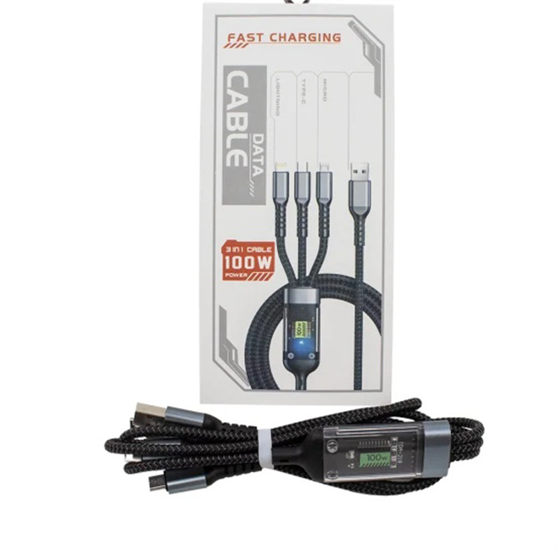 Picture of 3 in 1 Fast Charging Data Cable - 100W Power - Type-C, Micro USB, and Lightning Support - Braided Durable Design - Universal Compatibility - Multicolor