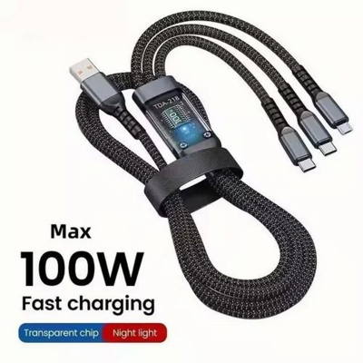 Picture of 3 in 1 Fast Charging Data Cable - 100W Power - Type-C, Micro USB, and Lightning Support - Braided Durable Design - Universal Compatibility - Multicolor