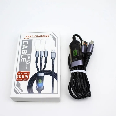 Picture of 3 in 1 Fast Charging Data Cable - 100W Power - Type-C, Micro USB, and Lightning Support - Braided Durable Design - Universal Compatibility - Multicolor
