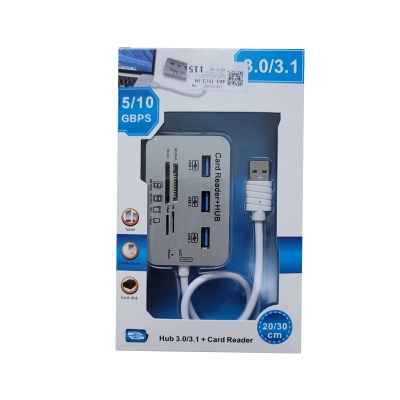 Picture of High-Speed USB 3.0/3.1 Card Reader + 4-Port USB HUB Combo – Multi Card Slot Adapter for MS/SD/TF/M2 – Compatible with PC, Laptop, Mobile via OTG – 5/10 Gbps Transfer Rate – 20/30cm Cable - Multicolor