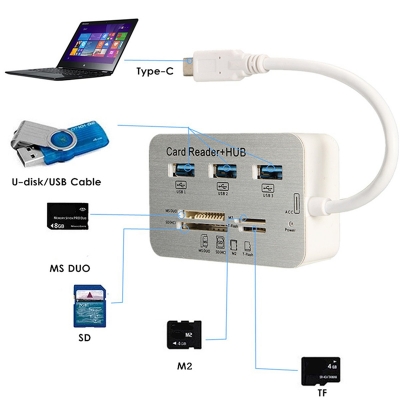 Picture of High-Speed USB 3.0/3.1 Card Reader + 4-Port USB HUB Combo – Multi Card Slot Adapter for MS/SD/TF/M2 – Compatible with PC, Laptop, Mobile via OTG – 5/10 Gbps Transfer Rate – 20/30cm Cable - Multicolor