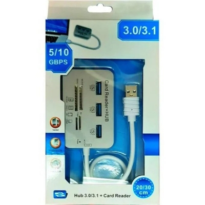 Picture of High-Speed USB 3.0/3.1 Card Reader + 4-Port USB HUB Combo – Multi Card Slot Adapter for MS/SD/TF/M2 – Compatible with PC, Laptop, Mobile via OTG – 5/10 Gbps Transfer Rate – 20/30cm Cable - Multicolor