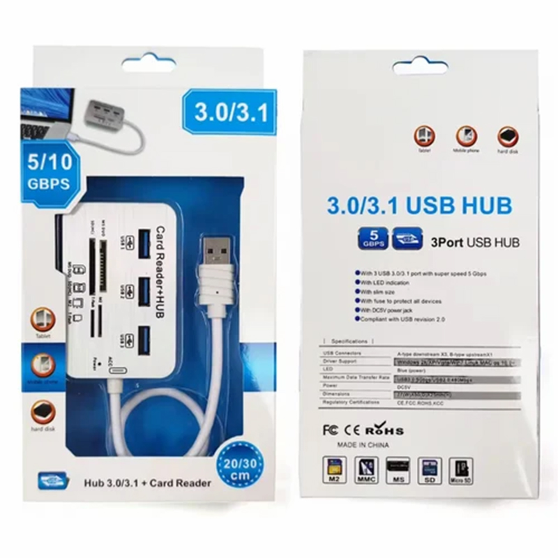 Picture of High-Speed USB 3.0/3.1 Card Reader + 4-Port USB HUB Combo – Multi Card Slot Adapter for MS/SD/TF/M2 – Compatible with PC, Laptop, Mobile via OTG – 5/10 Gbps Transfer Rate – 20/30cm Cable - Multicolor