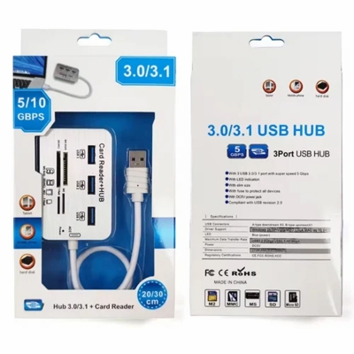 Picture of High-Speed USB 3.0/3.1 Card Reader + 4-Port USB HUB Combo – Multi Card Slot Adapter for MS/SD/TF/M2 – Compatible with PC, Laptop, Mobile via OTG – 5/10 Gbps Transfer Rate – 20/30cm Cable - Multicolor