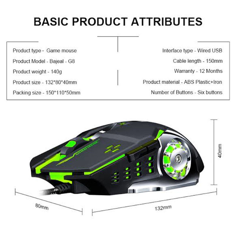 Picture of G8 RGB Luminous Wired Gaming Mouse – High Precision Optical Sensor, Adjustable DPI, Ergonomic Design & LED Backlight for PC/Laptop - Multicolor