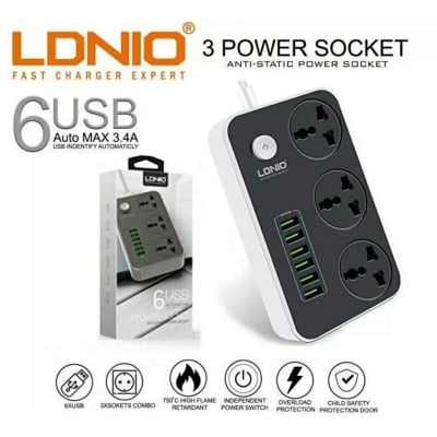 Picture of LDNIO SC3604 Power Strip with 3 Universal Sockets & 6 USB Ports – 2500W Max Output  Auto-ID USB Charger  Anti-Static Design  Fast Charging Extension Socket - Multicolor