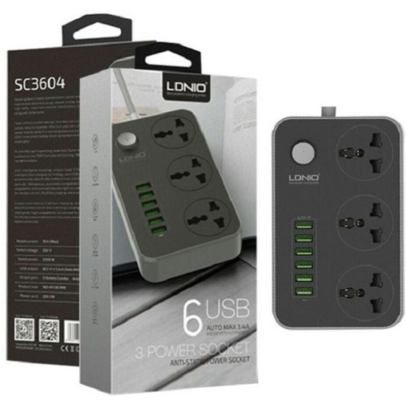Picture of LDNIO SC3604 Power Strip with 3 Universal Sockets & 6 USB Ports – 2500W Max Output  Auto-ID USB Charger  Anti-Static Design  Fast Charging Extension Socket - Multicolor