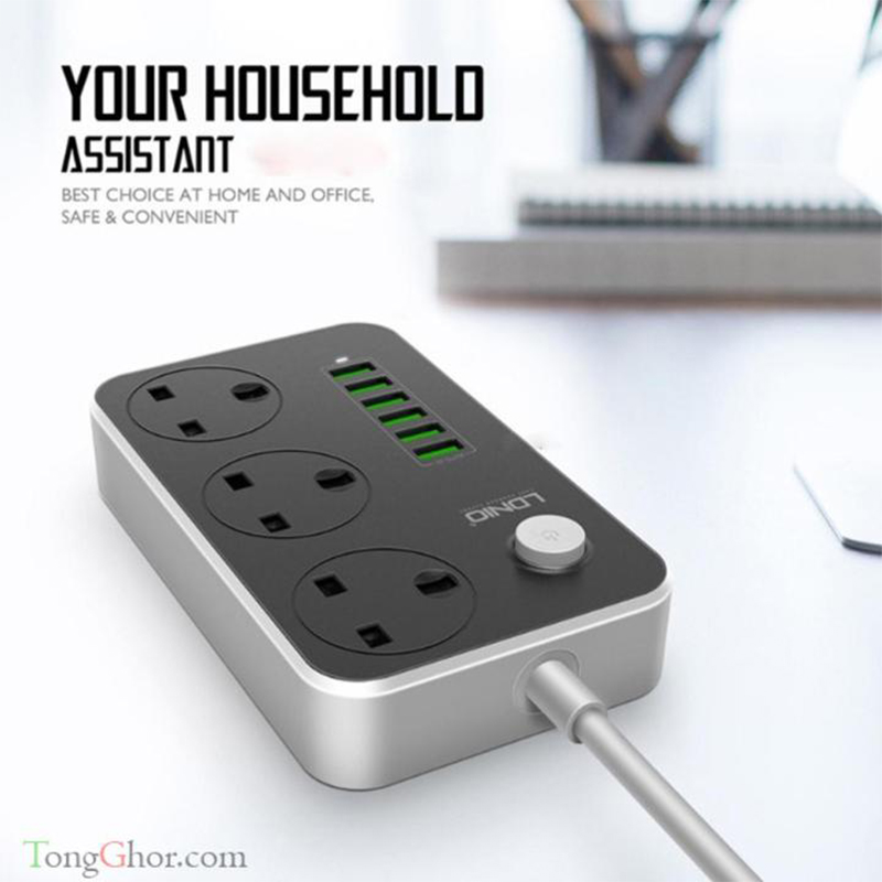 Picture of LDNIO SC3604 Power Strip with 3 Universal Sockets & 6 USB Ports – 2500W Max Output  Auto-ID USB Charger  Anti-Static Design  Fast Charging Extension Socket - Multicolor