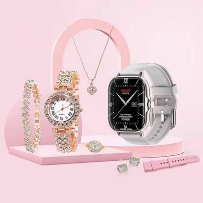 Picture of A58 Plus Smart Watch & Jewelry Combo – 2.02″ Touch IPS Display – Bluetooth Calling – Heart Rate, Blood Pressure & SpO₂ Monitor – Multi-Sport Fitness Tracker – IP65 Waterproof – Magnetic Charging – Includes Necklace, Bracelet, Ring & Earrings – Compatible