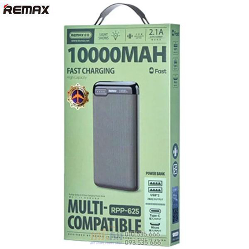 Picture of Remax RPP‑625 10000 mAh Dual USB Fast Charging Power Bank – Portable 2.1 A Output, Type‑C & MicroUSB Input, LED Display, ABS+PC Build - Multicolor