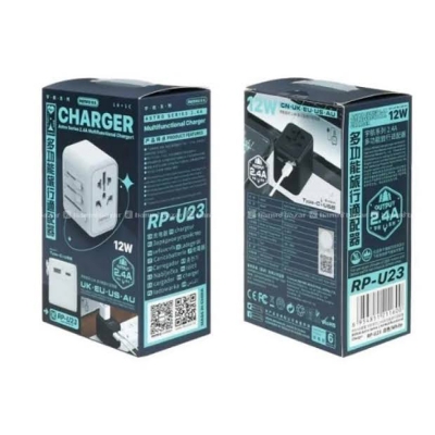 Picture of Remax RP‑U23 Astro Series 12W Universal Travel Charger Adapter with USB‑A & USB‑C Ports (UK/EU/US/AU plugs) - Multicolor