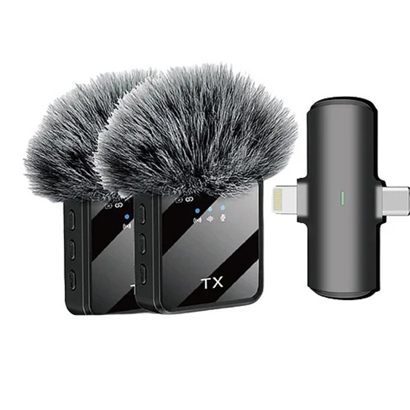 Picture of F11-2 3-in-1 Wireless Lavalier Microphone – Dual Transmitters + Universal Receiver (Type-C, iPhone Lightning & 3.5 mm), Noise-Cancellation, UHF/2.4 GHz, Omnidirectional Lavalier Mic for Interviews, Vlogging & Content Creation - Black