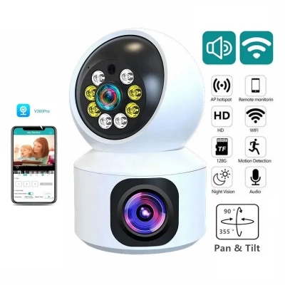Picture of V380 Pro Dual Lens Wireless Dome Camera WIFI Home Smart Protection Wireless CCTV Indoor Camera Two Way Audio - Multicolor