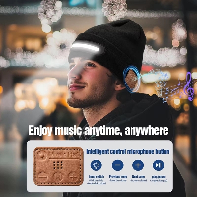 Picture of Rechargeable LED Light Beanie Hat Night Running Bluetooth-Compatible Music Headset Cap - Multicolor