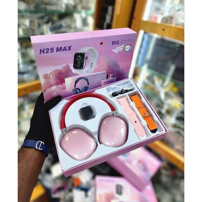 Picture of H25 Max 4-in-1 Smart Combo - AMOLED Smart Watch with Wireless Charger, Wireless Headphones and 4 Interchangeable Straps Bundle