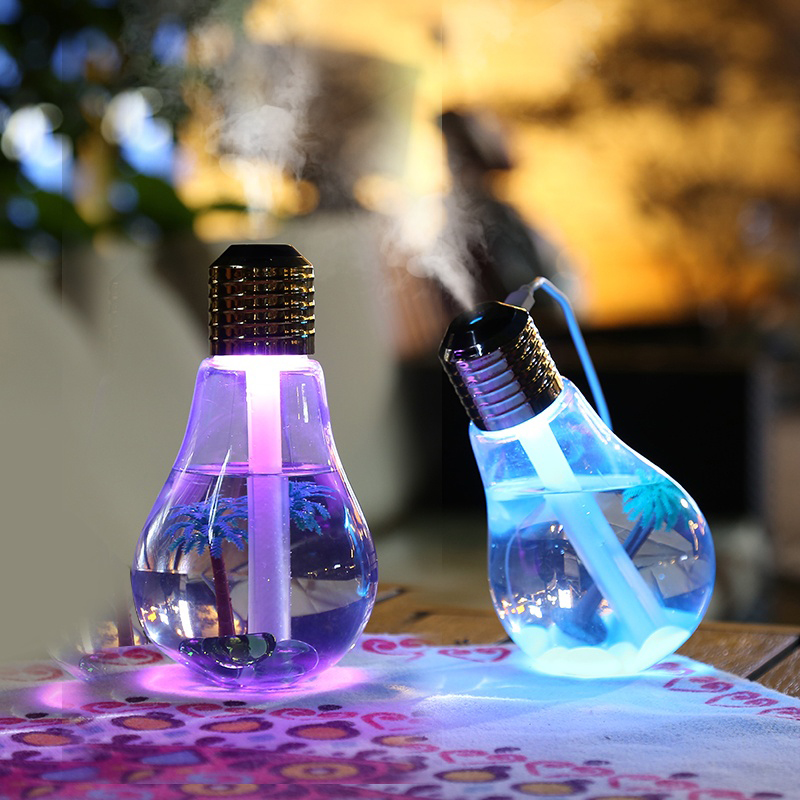 Picture of Premium Bulb Shape USB Ultrasonic Humidifier with 7 Color LED Night Light and Decorative Palm Trees 400ml