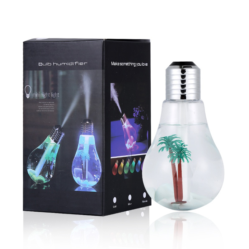 Picture of Premium Bulb Shape USB Ultrasonic Humidifier with 7 Color LED Night Light and Decorative Palm Trees 400ml