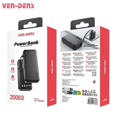 Picture of Ven-Dens 20000mAh Power Bank with Built-in Cables (Model: VD-PB059) - High Speed Fast Charging - Black