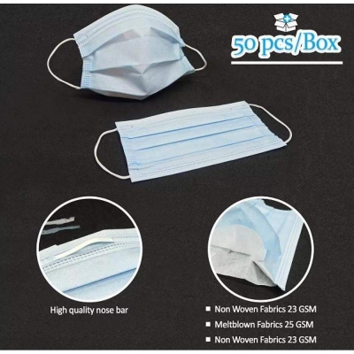 Picture of Protective Surgical Face Mask 3 Ply with Nose bridge 1 Box Intact (50 Pieces)-Light blue