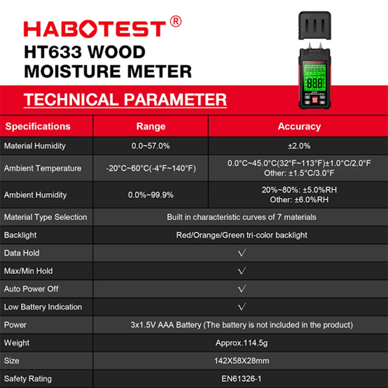 Picture of HABOTEST HT633 Wood Moisture Meter Pin Type Temperature Humidity with LCD Backlight Display-Multicolor