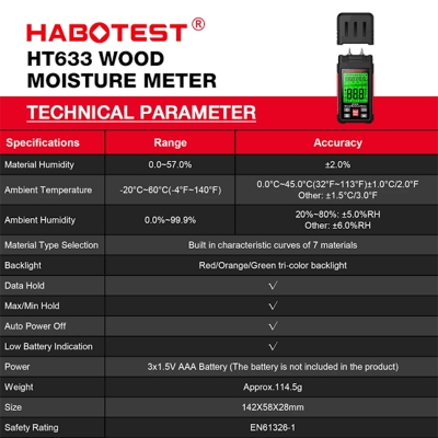 Picture of HABOTEST HT633 Wood Moisture Meter Pin Type Temperature Humidity with LCD Backlight Display-Multicolor