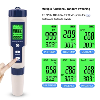 Picture of 5 in 1 TDS/EC/PH/Salinity/Temperature Meter Digital Water Quality Monitor Tester for Pools, Drinking Water, Aquariums Reusable Easy to Use-Multicolor