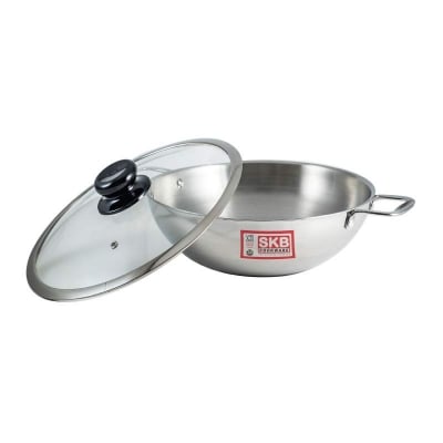 Picture of SKB SuS304 Food grade Stainless steel 3 Layer Wok with Glass Lid & Induction BTM 1Pcs
