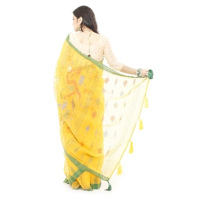 Picture of Yellow Color Monipuri Tant Saree With Tassel Setting
