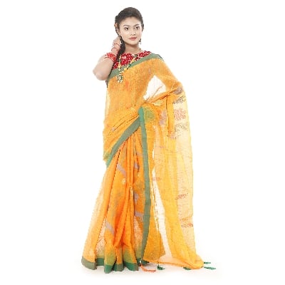 Picture of Orange & Yellow Mixed Tassel Setting Monipuri Tant Saree