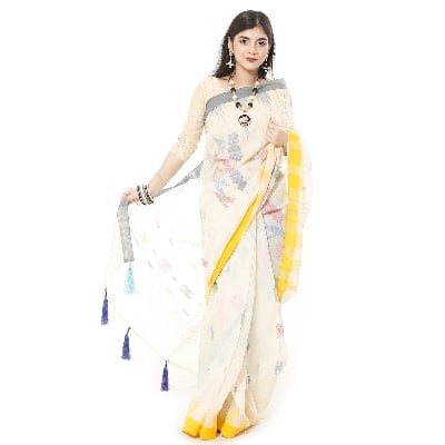 Picture of Tassel Setting White Color Monipuri Tant Saree