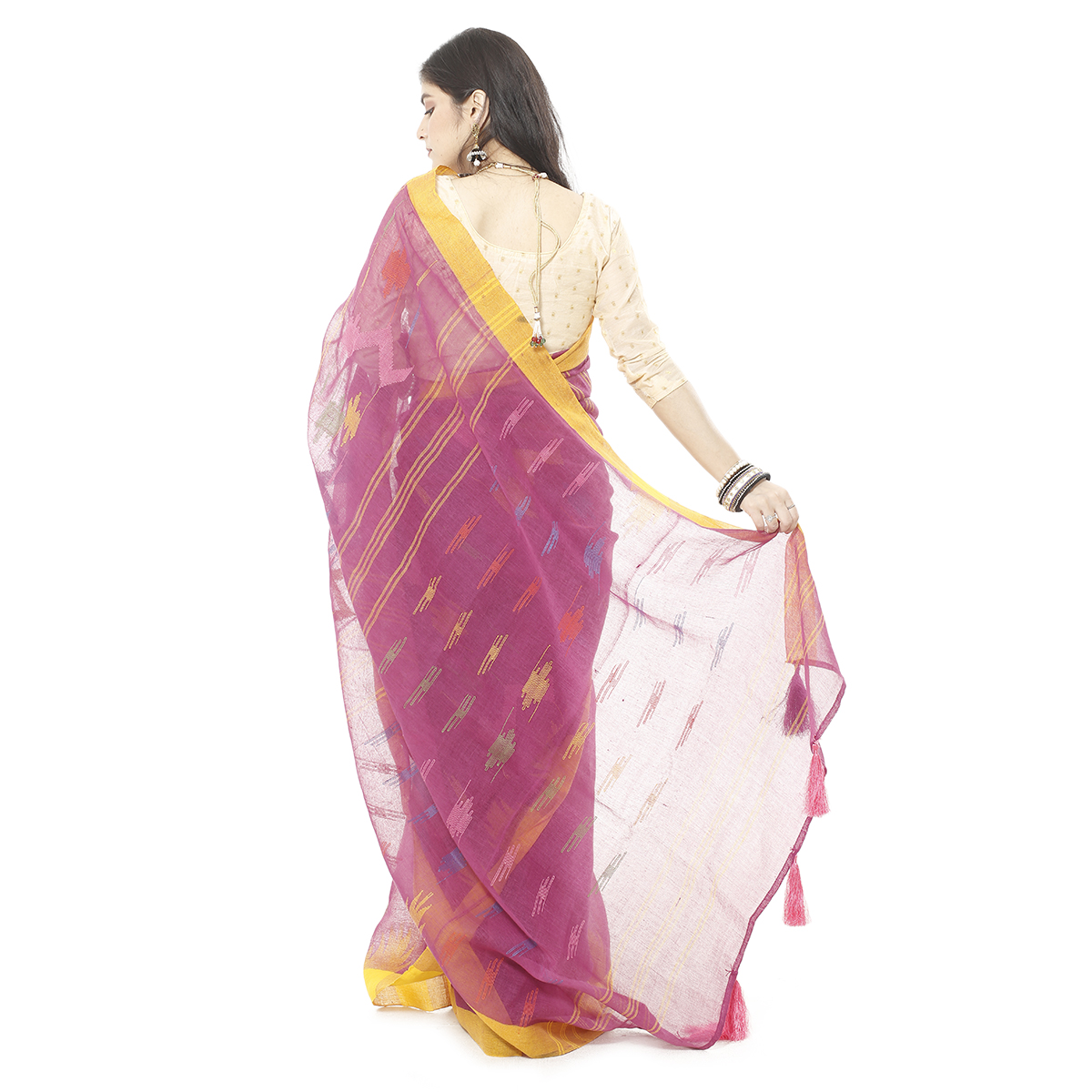 Picture of Tassel Setting Fresh Eggplant Color Monipuri  Saree