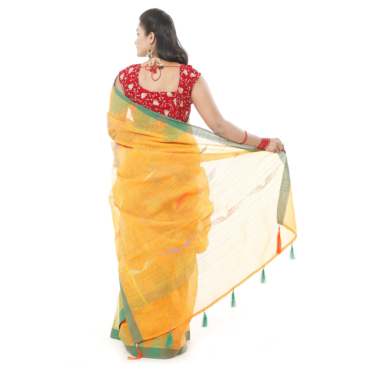 Picture of Orange & Yellow Mixed Tassel Setting Monipuri Tant Saree