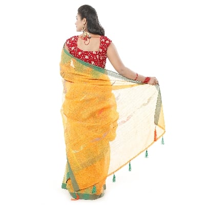 Picture of Orange & Yellow Mixed Tassel Setting Monipuri Tant Saree