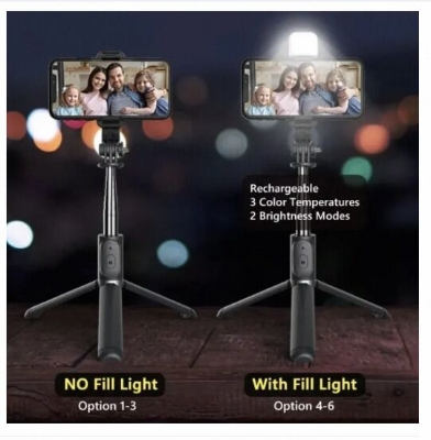 Picture of Q07 Selfie Stick Foldable Mini Tripod with Fill Light Bluetooth Remote Shutter Retractable Rod for Phone (100cm)-Black