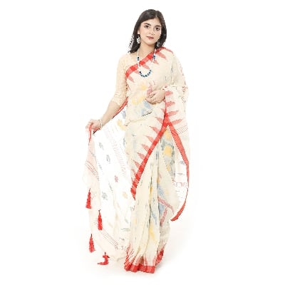 Picture of Red & White Color Monipuri Tant Saree With Tassel Setting