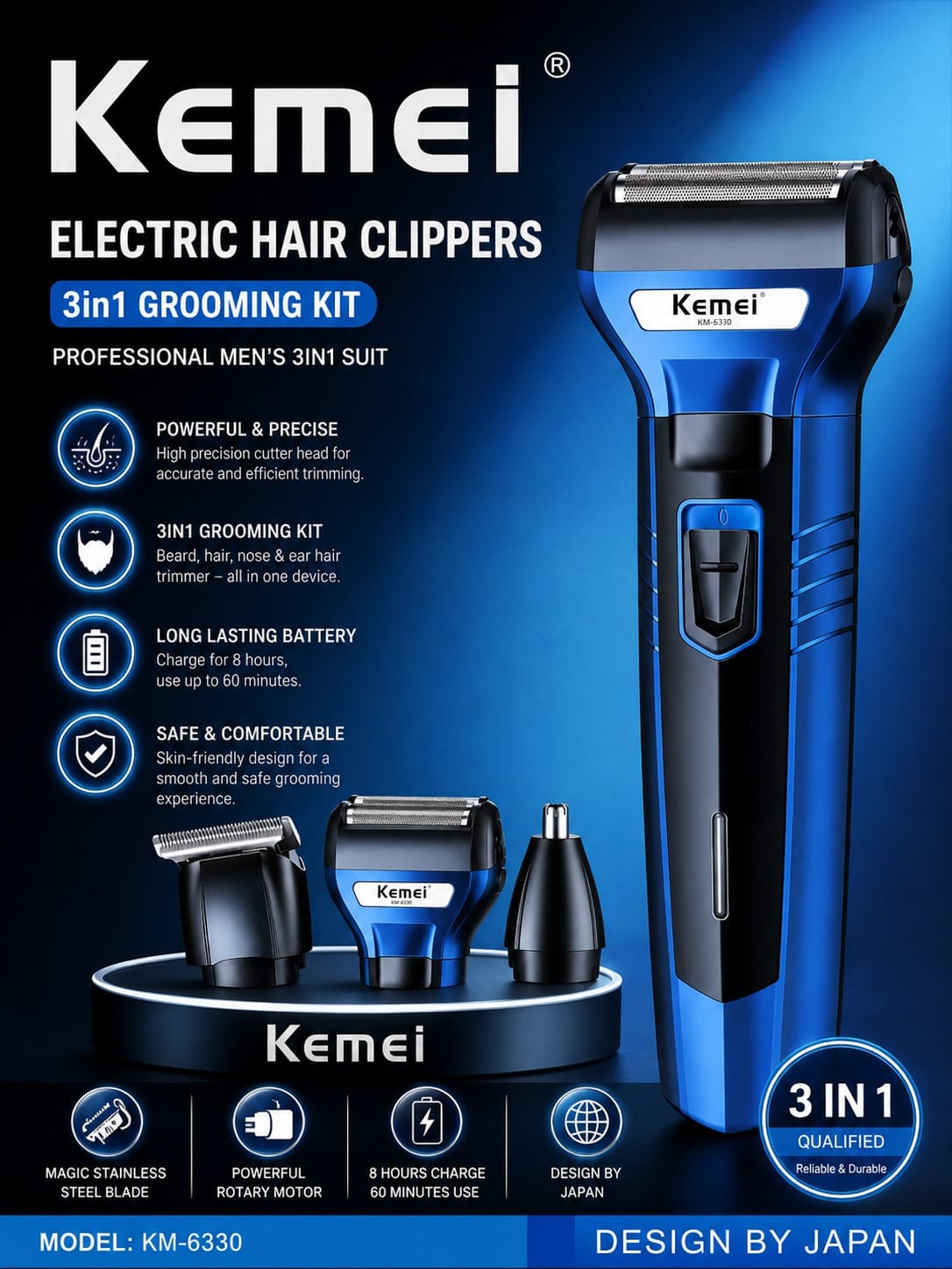 Picture of Kemei KM-6330 Professional 3-in-1 Electric Hair Clipper & Grooming Kit