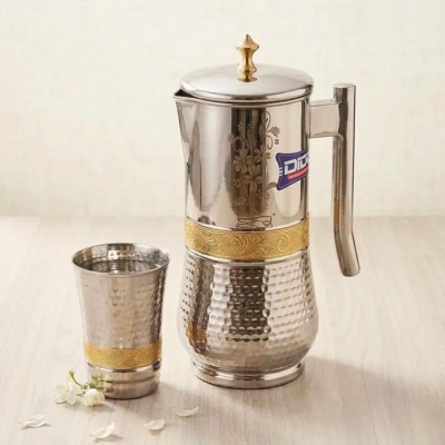 Picture of DIC Stainless Steel Royal Gold Embossed Water Jug & Glass Combo Set (2 liter)