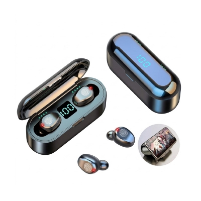 Picture of F9 TWS Bluetooth Earphones V5.0 with LED Display, Wireless Headset with Microphone - Black