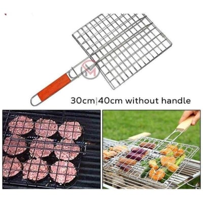 Picture of Portable BBQ Grill Net Basket with Wooden Handle - Large - Silver