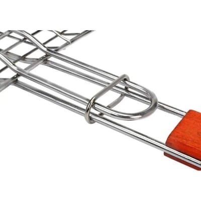 Picture of Portable BBQ Grill Net Basket with Wooden Handle - Large - Silver