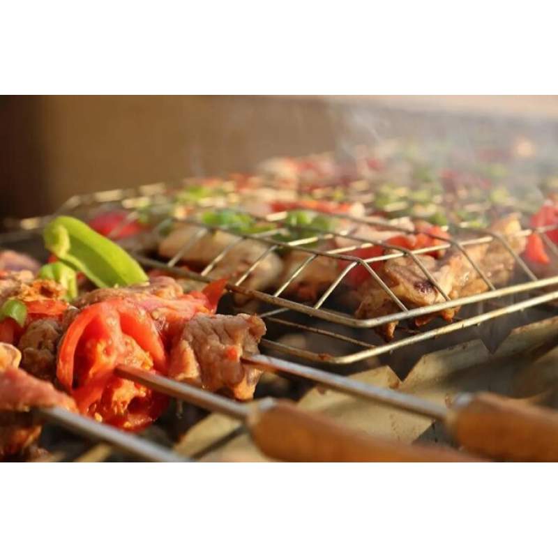 Picture of Portable BBQ Grill Net Basket with Wooden Handle - Large - Silver