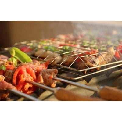 Picture of Portable BBQ Grill Net Basket with Wooden Handle - Large - Silver